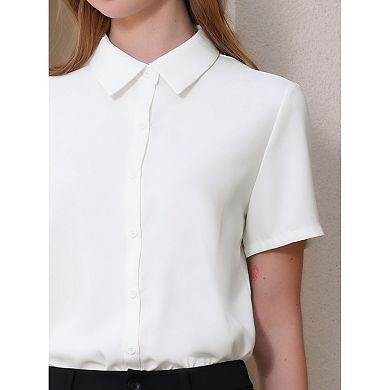 Women's Button Down Bodysuit Shirt Business Work Short Sleeve Collared Blouse Top