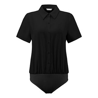 Women's Button Down Bodysuit Shirt Business Work Short Sleeve Collared Blouse Top