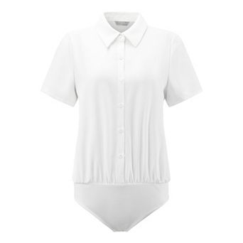 Women's Button Down Bodysuit Shirt Business Work Short Sleeve Collared Blouse Top