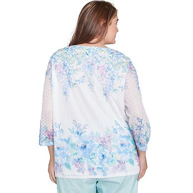 Plus Size Alfred Dunner Textured Sky Blue Floral Border Top
