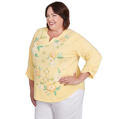 Plus Size Alfred Dunner Sunny Floral Embroidered Splitneck Top