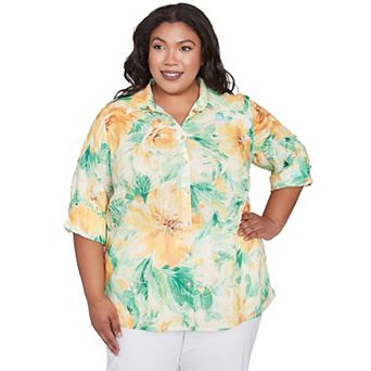 Plus Size Alfred Dunner Watercolor Floral Tie Sleeve Button Down Top