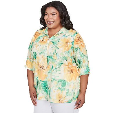 Plus Size Alfred Dunner Watercolor Floral Tie Sleeve Button Down Top