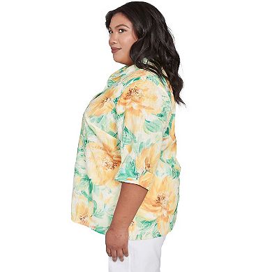 Plus Size Alfred Dunner Watercolor Floral Tie Sleeve Button Down Top