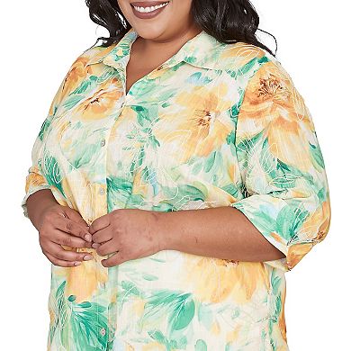 Plus Size Alfred Dunner Watercolor Floral Tie Sleeve Button Down Top