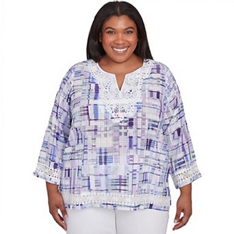 Plus Size Alfred Dunner Watercolor Plaid Lace Neck Top