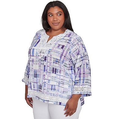 Plus Size Alfred Dunner Watercolor Plaid Lace Neck Top