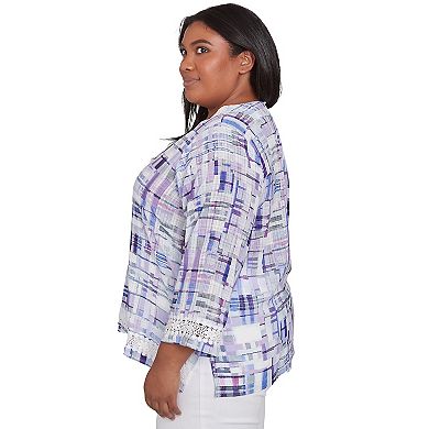 Plus Size Alfred Dunner Watercolor Plaid Lace Neck Top