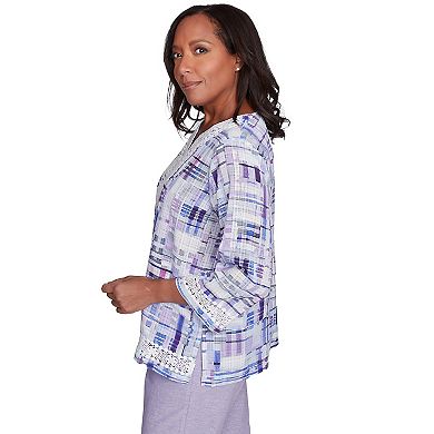 Petite Alfred Dunner Watercolor Plaid Lace Neck Top