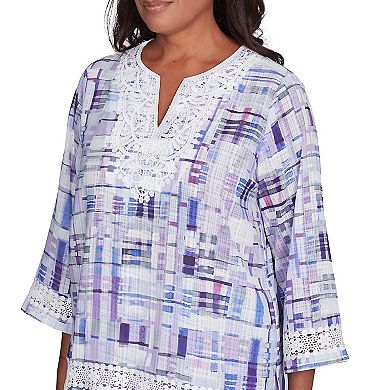 Petite Alfred Dunner Watercolor Plaid Lace Neck Top