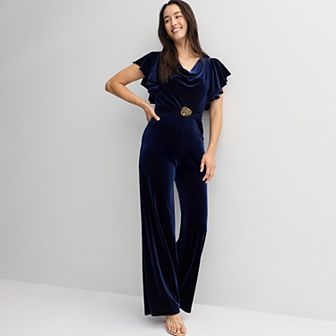 Women's Maison Tara Flowy Ruffled Cowl Neck Velvet Jumpsuit