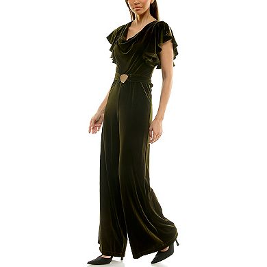 Women's Maison Tara Flowy Ruffled Cowlneck Velvet Jumpsuit