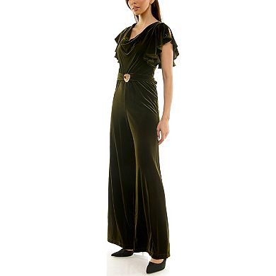 Women's Maison Tara Flowy Ruffled Cowlneck Velvet Jumpsuit