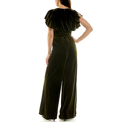 Women's Maison Tara Flowy Ruffled Cowlneck Velvet Jumpsuit