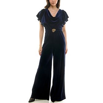 Women's Maison Tara Flowy Ruffled Cowlneck Velvet Jumpsuit