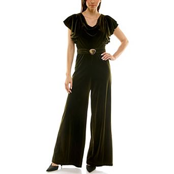 Women's Maison Tara Flowy Ruffled Cowlneck Velvet Jumpsuit