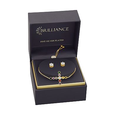 Brilliance Fine Silver Plated Round Cubic Zirconia Stud Earrings & Multi-Color Cubic Zirconia Sideways Cross Bracelet Set