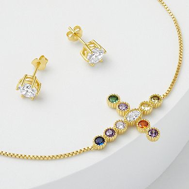 Brilliance Fine Silver Plated Round Cubic Zirconia Stud Earrings & Multi-Color Cubic Zirconia Sideways Cross Bracelet Set