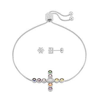 Brilliance Fine Silver Plated Round Cubic Zirconia Stud Earrings & Multi-Color Cubic Zirconia Sideways Cross Bracelet Set