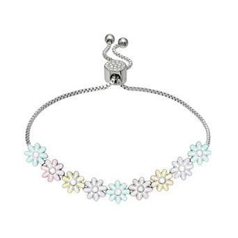 Brilliance Fine Silver Plated Cubic Zirconia & Enamel Flower Adjustable Bracelet