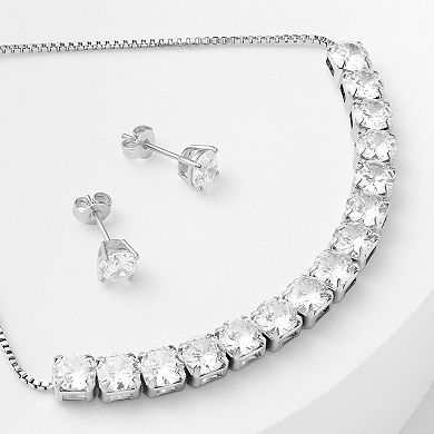 Brilliance Fine Silver Plated Round Cubic Zirconia Stud Earrings & Adjustable Cubic Zirconia Tennis Bracelet Set