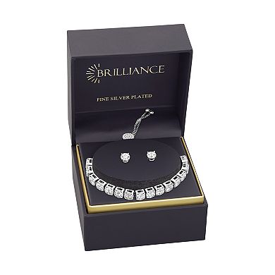 Brilliance Fine Silver Plated Round Cubic Zirconia Stud Earrings & Adjustable Cubic Zirconia Tennis Bracelet Set