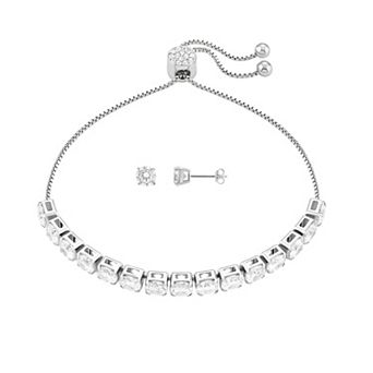 Brilliance Fine Silver Plated Round Cubic Zirconia Stud Earrings & Adjustable Cubic Zirconia Tennis Bracelet Set