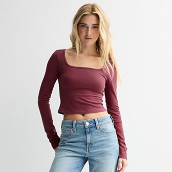 Juniors' SO® Cropped Long Sleeve Squareneck Tee