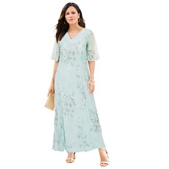 Roaman's Women's Plus Size V Neck Embellished Lace Gown