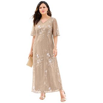 Roaman's Women's Plus Size V Neck Embellished Lace Gown