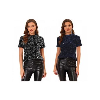 2 Packs Women's Velvet Crew Neck Short Sleeve Clubwear Sequin Blouse