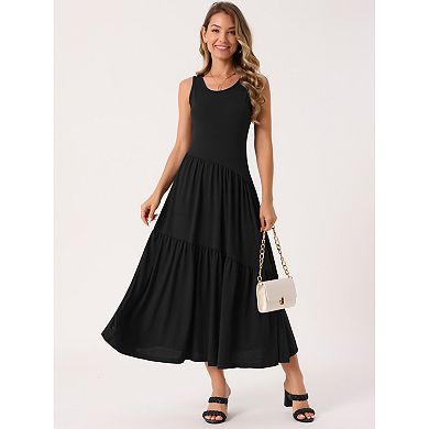 Women's Summer Dresses Crewneck Sundress Aline Flowy Tiered Maxi Long Beach Dress Vacation Outfits