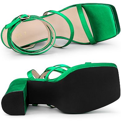 Women's Platform Heels Square Toe Chunky High Heel Satin Sandals