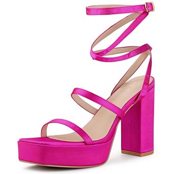 Women's Platform Heels Square Toe Chunky High Heel Satin Sandals