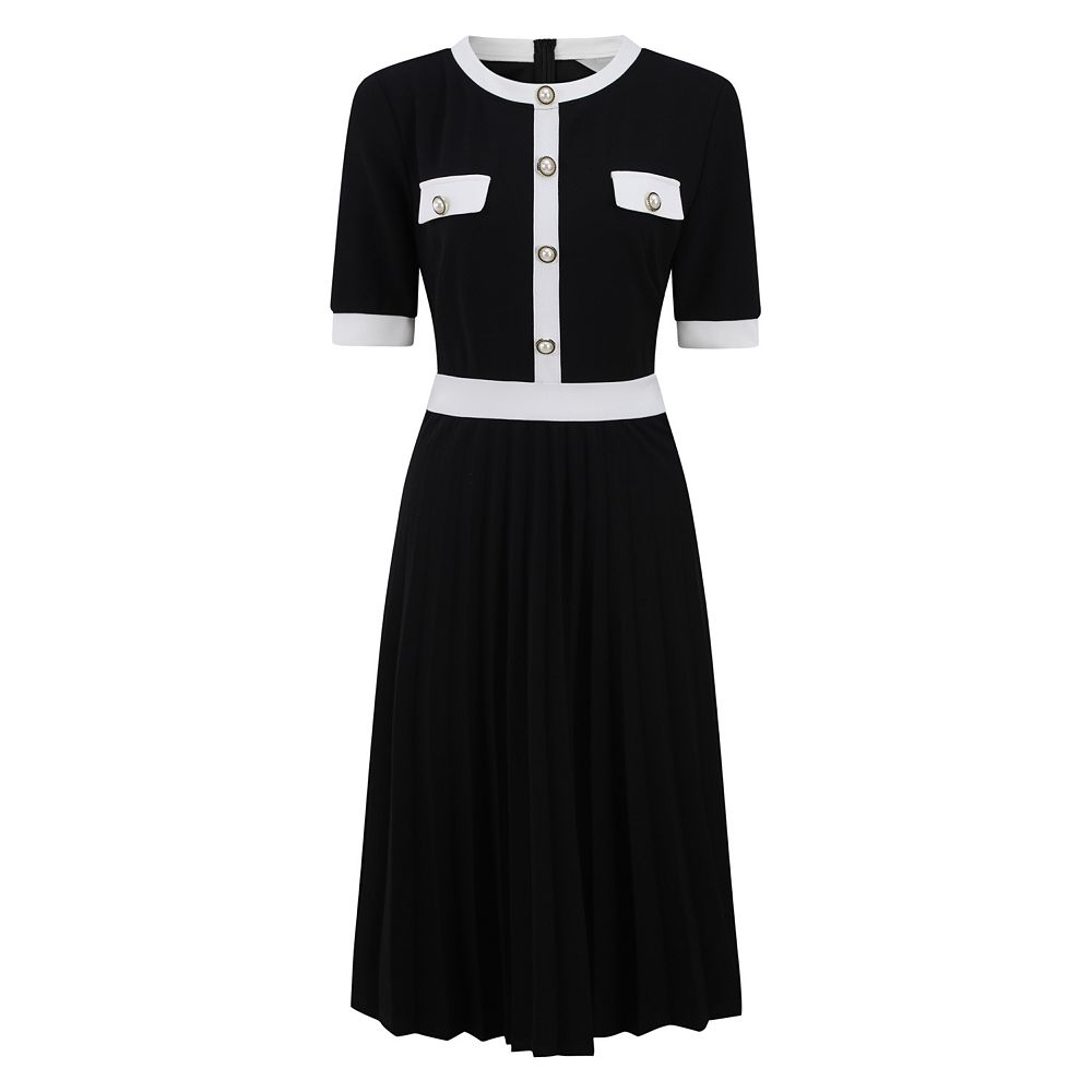 Pleated Short Sleeve Solid Color Dress