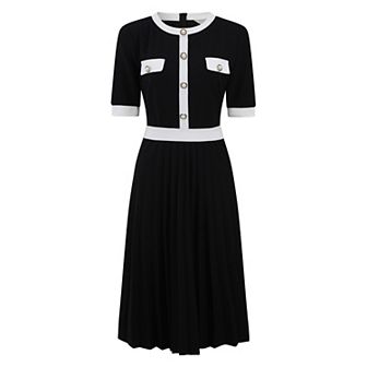 Women's Pleated Dress Contrast Color Short Sleeve Casual Work A-Line Dresses