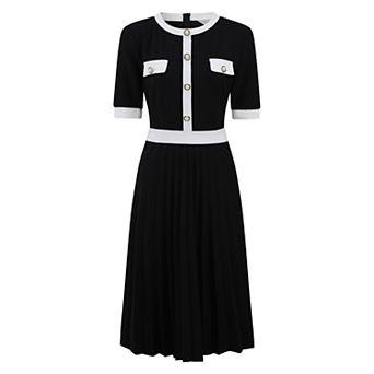 Women's Pleated Dress Contrast Color Short Sleeve Casual Work A-Line Dresses