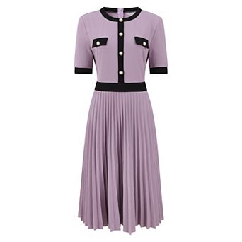 Women's Pleated Dress Contrast Color Short Sleeve Casual Work A-Line Dresses