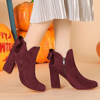 Women's Round Toe Bow Decor Chunky Heel Ankle Boots
