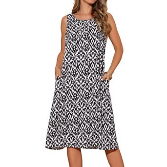 Summer Tank Dress Print Round Neck Sleeveless Loose Midi Dresses with Pockets