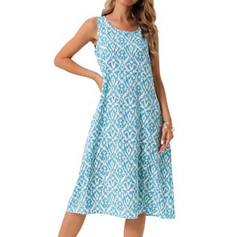 Summer Tank Dress Print Round Neck Sleeveless Loose Midi Dresses with Pockets
