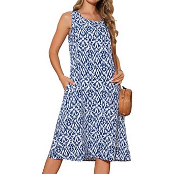 Summer Tank Dress Print Round Neck Sleeveless Loose Midi Dresses with Pockets