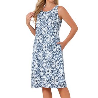 Summer Tank Dress Print Round Neck Sleeveless Loose Midi Dresses with Pockets