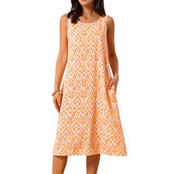 Summer Tank Dress Print Round Neck Sleeveless Loose Midi Dresses with Pockets