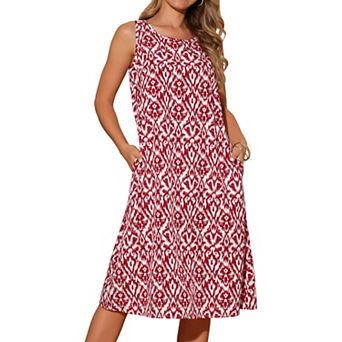 Summer Tank Dress Print Round Neck Sleeveless Loose Midi Dresses with Pockets
