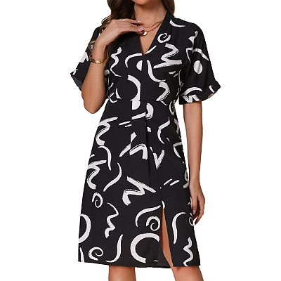 Summer Dresses for Women's Short Sleeve V Neck High Waist Split Print  Pleated Knee Length Dress