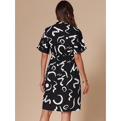 Summer Dresses for Women's Short Sleeve V Neck High Waist Split Print  Pleated Knee Length Dress