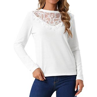 Women's Casual Tops Lace Round Neck Long Sleeve Blouse Solid T-shirt Spring Clothing Outfits