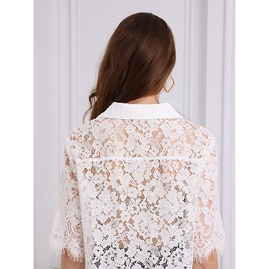 Women's Lace Tops Mesh Sheer Fringe Hem Button Down Shirt
