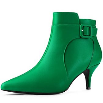 Women's Pointy Toe Zipper Buckle Decor Kitten Heels Ankle Boots
